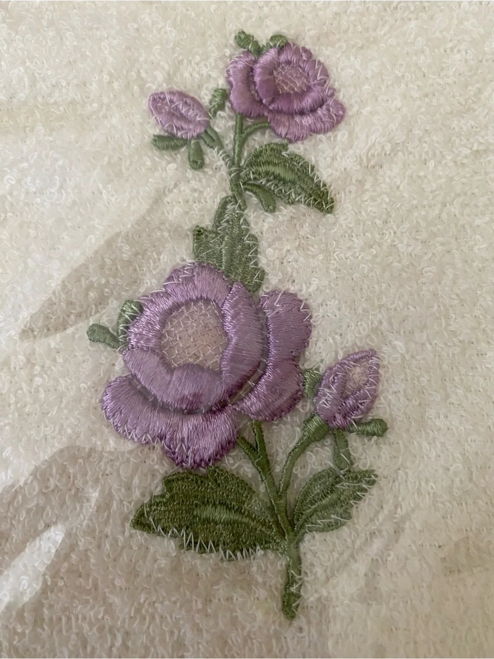 Vintage Soft cream towel set with delicate lavender-purple rose embroidery